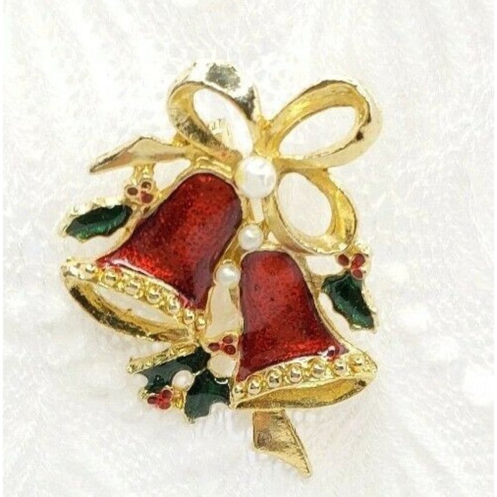 Vintage Gold Tone Enamel Christmas Bells Faux Pearls Holly Brooch Pin